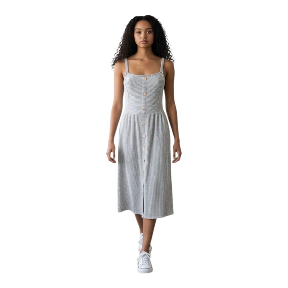 Caution To The Wind Womens L Gray White Pinstriped Textured Stretch Jersey Dress